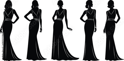 Elegant female silhouettes in long evening gowns isolated on white background minimalist fashion illustration set