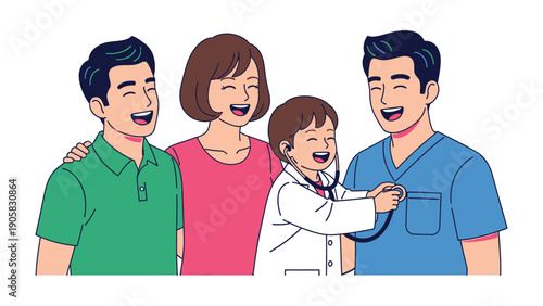 Dreaming of Healing: A young child joyfully embraces their dream of becoming a healer, donning a doctor's coat and stethoscope, while their family beams with pride and encouragement.