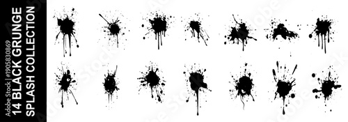 Black ink splatter set. Hand drawn spray design elements. Vector black and white ink splash, blot and brush stroke, spot, spray, smudge, spatter, splatter, drip, drop, ink blob Grunge textured