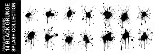 Black ink splatter set. Hand drawn spray design elements. Vector black and white ink splash, blot and brush stroke, spot, spray, smudge, spatter, splatter, drip, drop, ink blob Grunge textured