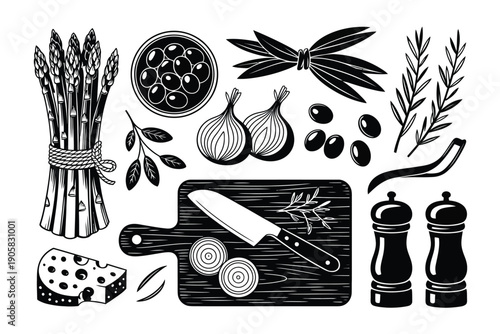 Herb vector illustration of kitchen ingredients and cooking utensils