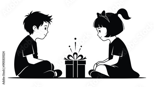 Two children sitting on the floor, playing with a small plant in a pot. Vector