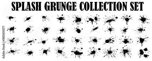 Black ink paint spots. Drops texture isolated on white background. Set for grunge splash textures. Vector illustration.