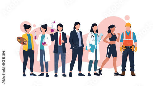 Diverse group of professional workers representing various occupations standing together in their specific work uniforms.
