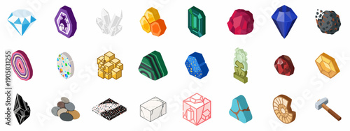 Colorful Isometric Set of Gemstones, Minerals, Rocks, and Precious Materials, from Diamonds and Gold to Fossils and Marble.