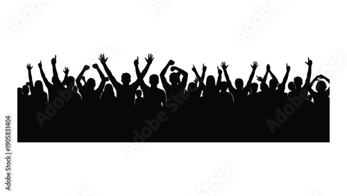 Silhouette of a crowd of people celebrating with raised arms and fists. Vector