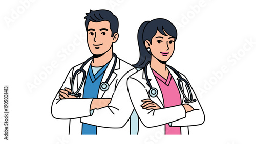 Medical Professionals: A pair of confident medical professionals stand side by side, showcasing expertise and commitment. Depicting a scene of trust and skill.