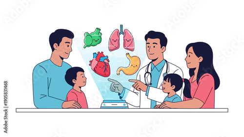 Family Health Consultation: A doctor explains vital health concepts to a family, using a visual aid to highlight organs. This image conveys the importance of healthcare and education.