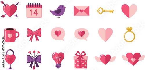 Valentine’s Day romantic colorful icon set featuring hearts, calendar, bird, envelope, key, mug, bow, ring, padlock, gift box, and love-themed illustrations