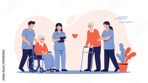 Caring medical staff assisting elderly patients by pushing a wheelchair and helping an old man walk with a metal walker.