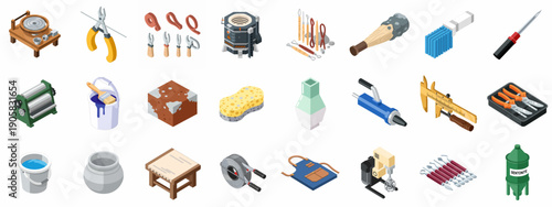 Isometric Set of Pottery Tools and Ceramic Equipment: Kiln, Potter's Wheel, Sculpting Instruments, Clay, Glaze, and Art Supplies Collection.