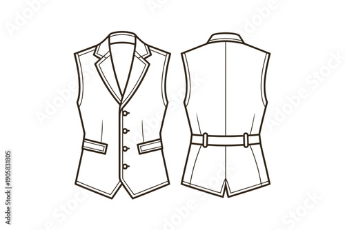 Elegant waistcoat fashion illustration, front and back view, for design and tailoring inspiration.