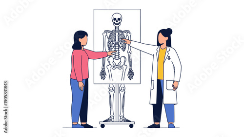 Medical Consultation: A healthcare professional points to the human skeletal framework displayed on a screen as she consults with a patient