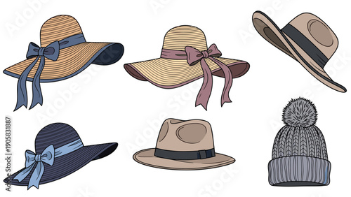 Large collection of various stylish headwear including elegant sun hats and fedoras along with a cozy winter knitted beanie.