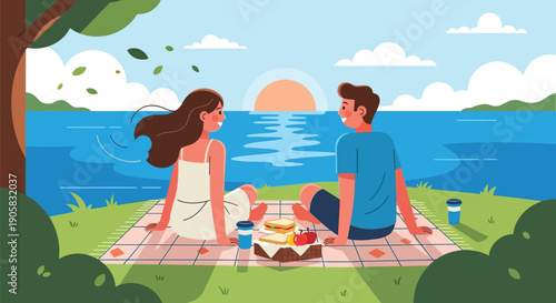 Fotografia Young couple having picnic by the lake at sunset illustration