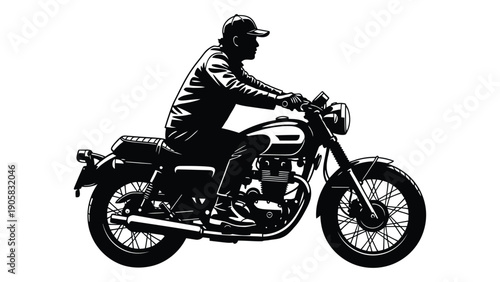 A person riding a motorcycle on a road with a scenic background Vector