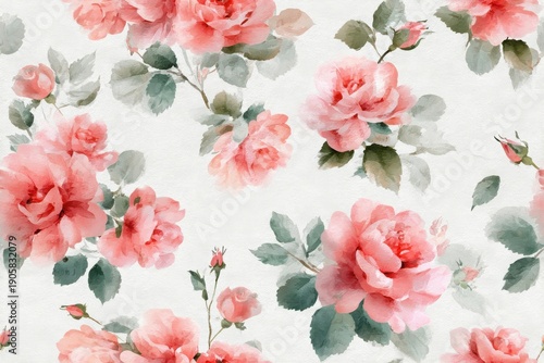 Elegant, chic, vintage seamless repeatable pattern featuring blooming pink roses