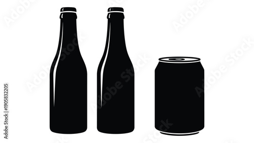 Three different types of beverage containers, including two bottles and one can. Vector
