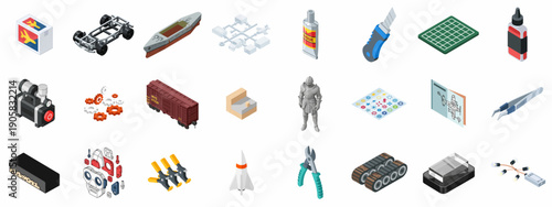 Isometric Icon Set of Scale Model Making Hobbies and Tools, including Plastic Kits, RC Parts, Glue, Paint, Nippers, and Decals.
