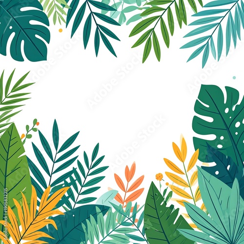 Lush tropical foliage border with varied leaf shapes and vibrant greens, yellows, and blues framing a bright white center