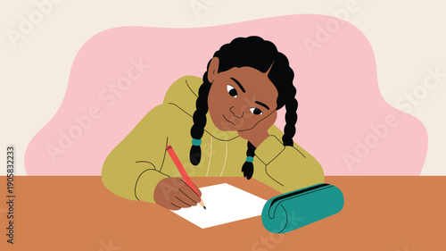 Young girl studying at desk illustration, focused child writing homework with pencil, education concept flat vector style