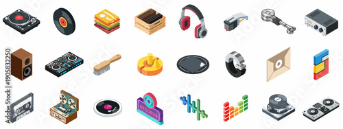 Isometric Vinyl Records and DJ Equipment Icon Set: Turntables, Headphones, Mixers, and Vintage Audio Gear Collection for Music Production and Retro Sound.