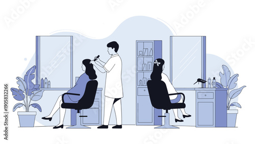 Modern hair salon interior with a professional stylist cutting hair for a client among various styling tools and plants.