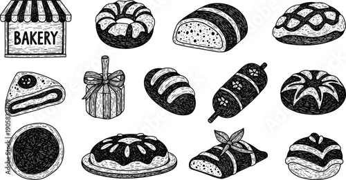 Hand-drawn bakery and pastry icons, bakery storefront sign, bundt cake, bread loaf, sweet bread, rolled cake, tart pie, decorated pastry illustration