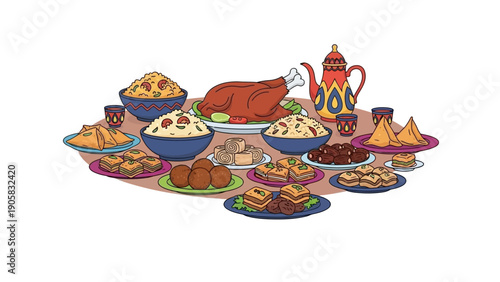 A delectable spread of traditional Middle Eastern dishes, including roasted turkey, rice pilaf, falafel, and sweet baklava, perfect for festive gatherings and culinary celebrations