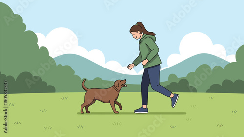Active young woman jogging in a beautiful green park with her brown dog running alongside her on a bright sunny morning.