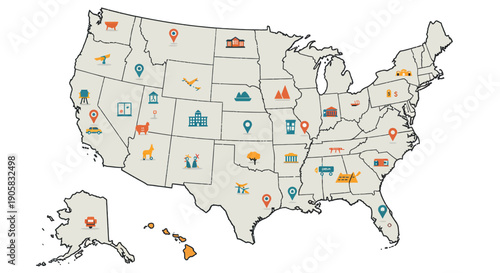 Vibrant Illustrated Map of the United States Highlighting Unique Landmarks, Cultural Icons, and Diverse Attractions Across All Fifty States, Including Alaska and Hawaii
