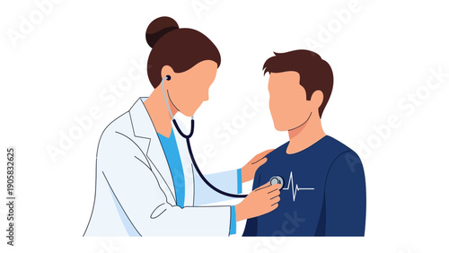 Medical Checkup Illustration: A caring doctor, stethoscope in hand, examines a patient, highlighting the essence of healthcare and patient well-being.