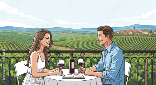 Happy couple enjoying red wine on a balcony overlooking a vineyard