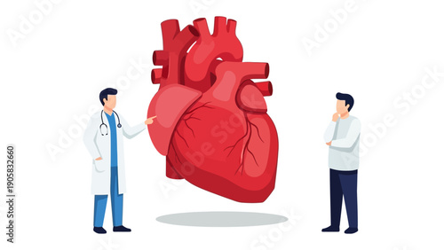 Heart Health Discussion: A medical professional and a patient engaged in a health conversation, an illustrative representation of a heart in the center.