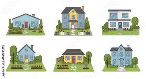 Collection of stylized illustrations depicting various residential houses with manicured lawns and trees, showcasing diverse architectural styles for real estate or home design concepts