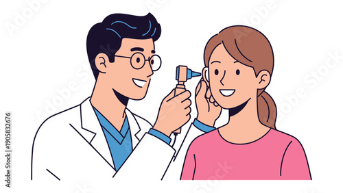 Doctor's Consultation: A healthcare professional examines a patient's ear with an otoscope, creating a scene of care and medical consultation.