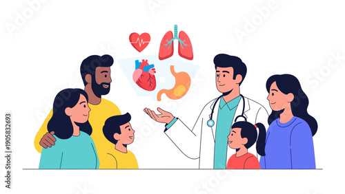Doctor Explaining Medical Information to Family: A compassionate doctor shares crucial health information with a family, emphasizing preventative care.