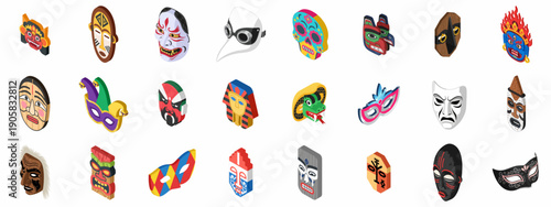 Isometric collection of diverse global masks, including tribal, carnival, ancient, and theatrical designs, representing tradition and celebration.