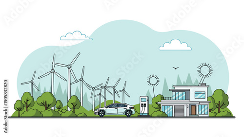 Sustainable living concept showing a modern eco house with solar panels and wind turbines charging a white electric car.