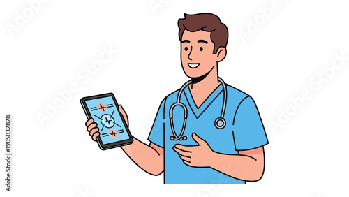 Modern Healthcare and Technology: A male healthcare professional in scrubs, presenting a digital interface on a tablet that embodies the convergence of medicine and advanced technology.