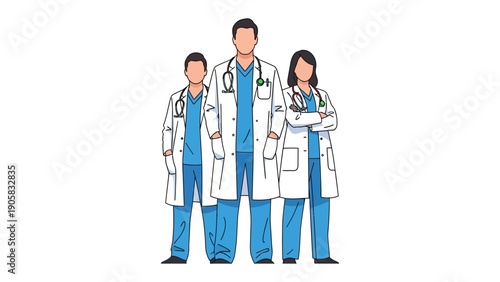 Medical Professional Ensemble: A professional group of doctors, exuding confidence in their clinical coats and stethoscopes, symbolizing healthcare excellence.