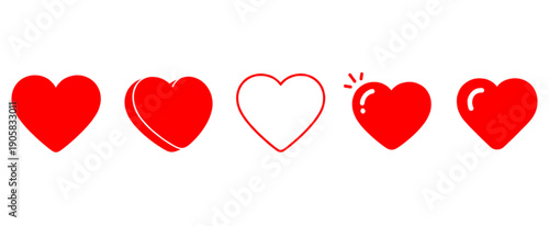 Four red hearts and one outlined heart in a horizontal row on white background