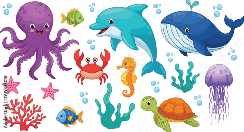 Cute sea animals set with octopus dolphin whale turtle fish and jellyfish cartoon underwater vector illustration