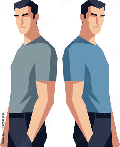 Cartoon illustration of two male figures, back-to-back standing pose, casual clothing design, symmetry concept art, duality character drawing, modern fashion sketch