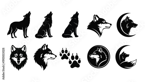 A collection of various wolf and moon symbols and icons Vector