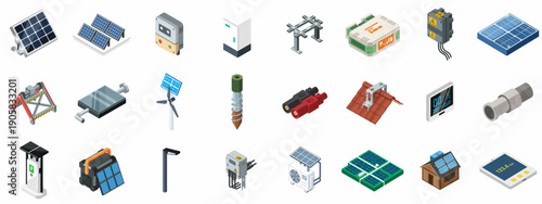 Isometric Solar Energy Components and Photovoltaic Equipment Icons Set: Panels, Inverters, Mounting Systems, and Sustainable Technology Illustrations.