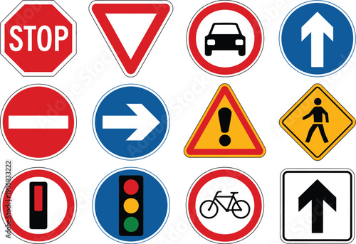 Traffic signs collection featuring road safety symbols, street regulation and warning icons including stop, yield, no entry and pedestrian vector illustrations.