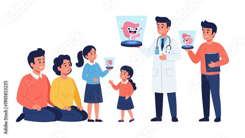 Healthy Gut: A healthcare professional presents a model of a healthy gut to a family. An illustration portraying health and knowledge.