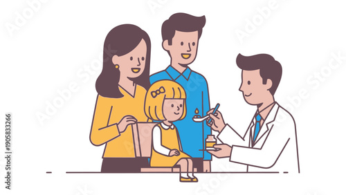 Doctor Visit: A cartoon depicts a family and doctor in a bright, clean setting, focusing on a doctor feeding a child, surrounded by the loving gaze of the parents. 