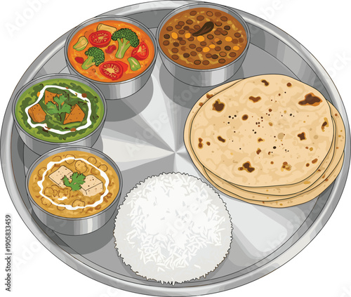 Indian thali meal set with rice chapati curry dal and vegetables traditional food flat vector illustration